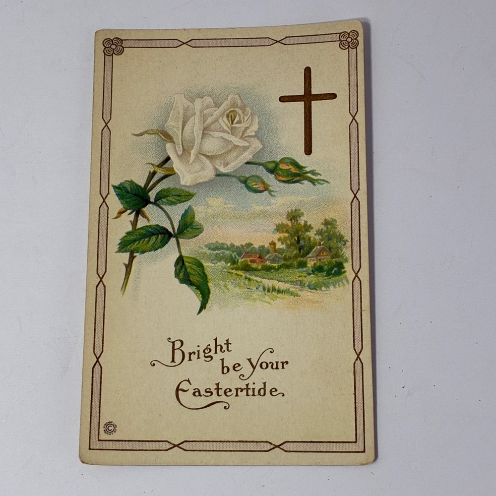 Vintage Easter Postcard White Rose Cross Embossed Stecher Litho Co Series F USA